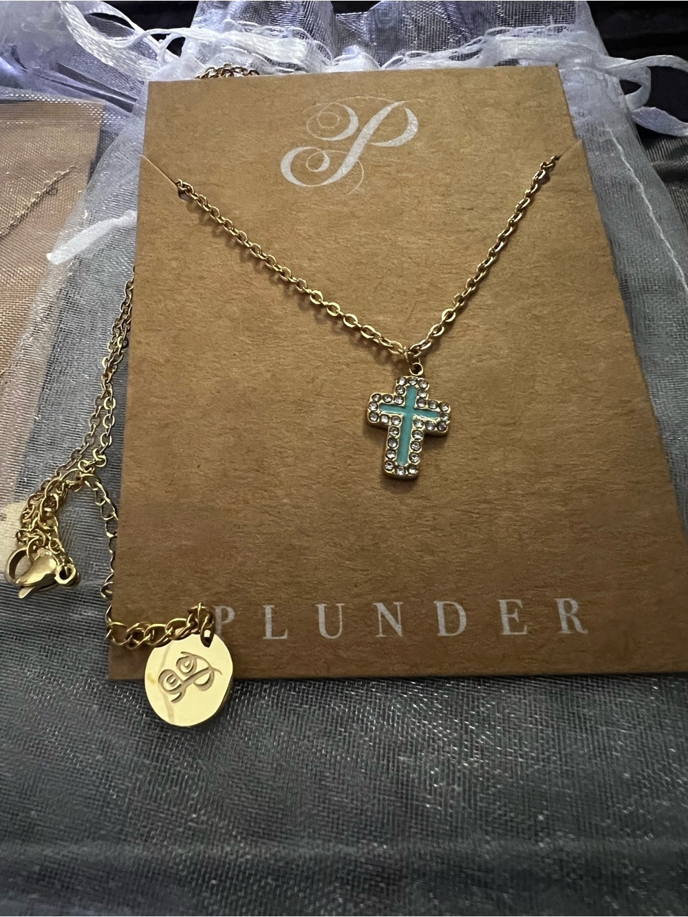 Plunder Gold-Tone Cross Necklace with Turquoise and Crystal Accents